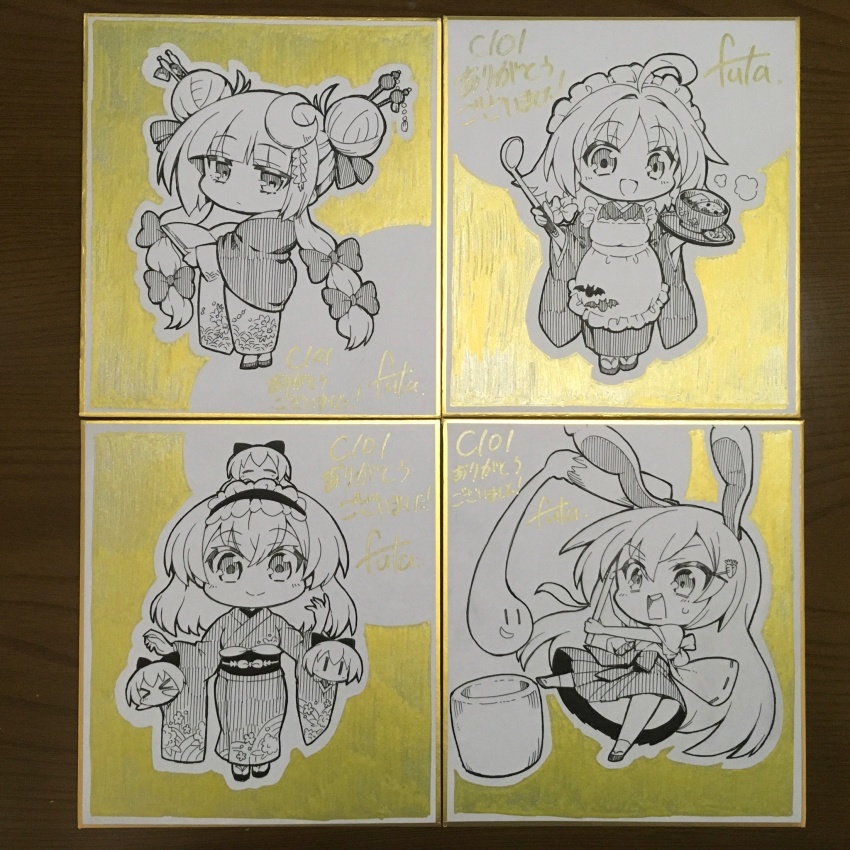 4girls alice_margatroid alternate_hairstyle animal_ears apron bow closed_mouth crescent crescent_hair_ornament double_bun food futa_(nabezoko) hair_bow hair_bun hair_ornament hair_stick highres holding holding_ladle holding_tray izayoi_sakuya kine ladle maid_headdress mallet marker_(medium) mochi mochi_trail multiple_girls multiple_hair_bows open_mouth patchouli_knowledge photo_(medium) rabbit_ears shanghai_doll shikishi touhou traditional_media translation_request tray wide_sleeves