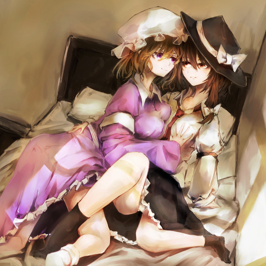 2girls absurdres armband bed black_hat black_skirt black_socks blonde_hair blush bow breasts brown_eyes brown_hair closed_mouth collared_dress collared_shirt dress frilled_dress frilled_skirt frills grabbing_another's_breast groping hair_between_eyes hair_bow hand_on_another's_hip hand_rest hat hat_bow highres indoors looking_at_another maribel_hearn medium_breasts mob_cap multiple_girls necktie no_shoes on_bed open_mouth panties pantyshot purple_dress purple_eyes red_necktie safutsuguon sash shirt short_hair skirt sleeve_garter smile socks touhou underwear usami_renko white_armband white_bow white_hat white_sash white_shirt white_socks yuri