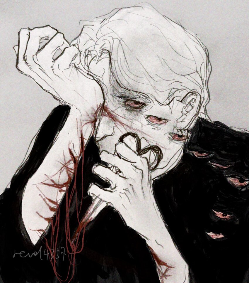 1boy black_shirt eye_print hand_up highres holding holding_scissors looking_at_viewer male_focus original revol4357 rubbing_eyes scissors self-harm shirt short_hair solo string too_many_eyes upper_body wrist_cutting