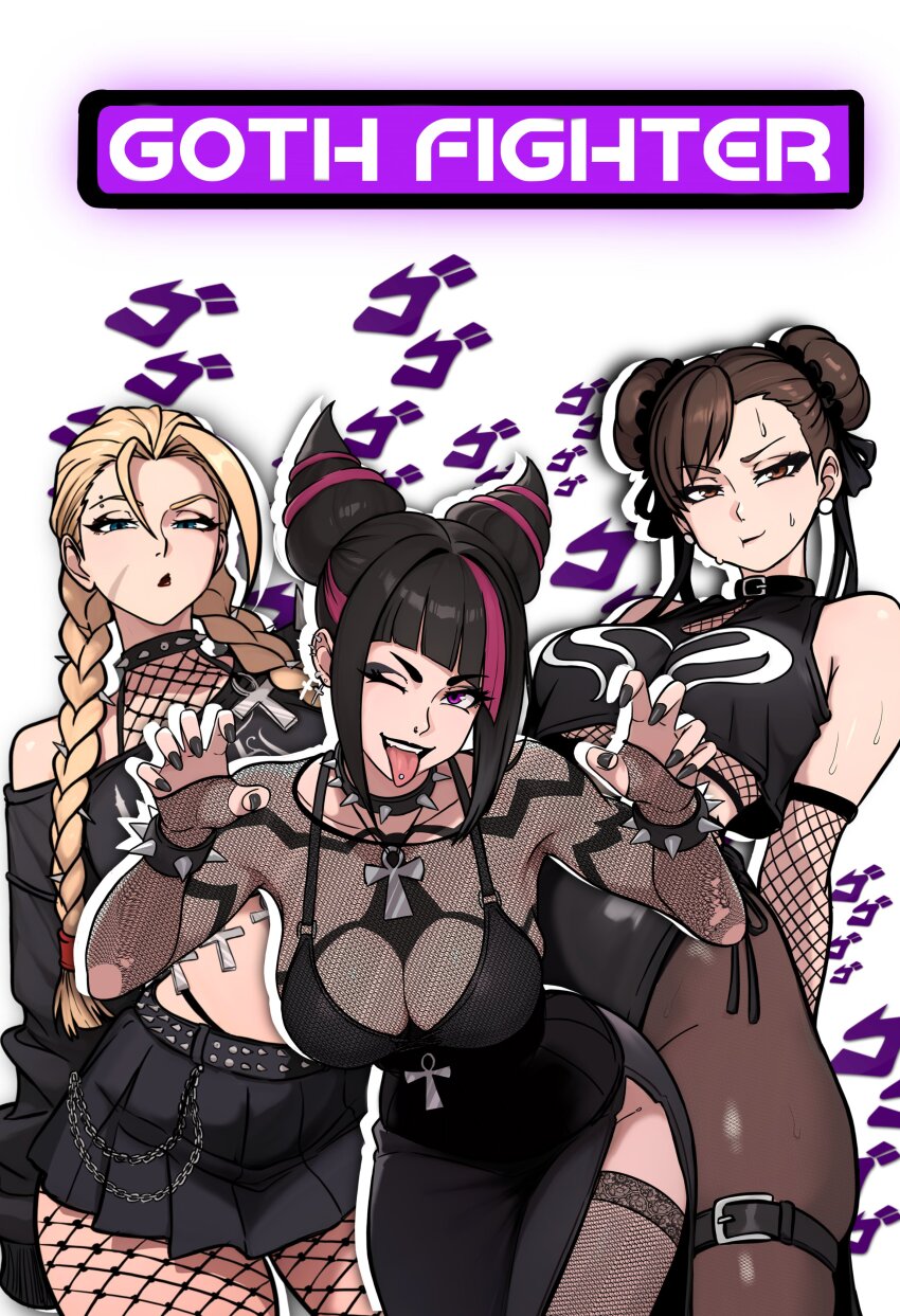 absurdres ankh ankh_necklace arm_tattoo arms_behind_back bare_shoulders belt belt_collar black_belt black_corset black_eyeliner black_hair black_lips black_nails black_ribbon black_shirt black_skirt blonde_hair blue_eyes bracelet braid braided_spikes breasts brown_eyes brown_hair cammy_white capcom chain character_name chest_tattoo chun-li claw_pose cleavage clothes_writing collar commentary corset crop_top crop_top_overhang cross cross_earrings double_bun ear_piercing earrings elbow_gloves english_commentary english_text eyebrow_piercing eyeliner face_piercing facial_scar facing_viewer fingernails fishnet_gloves fishnet_pantyhose fishnet_thighhighs fishnet_top fishnets gloves goth_fashion hair_between_eyes hair_bun hair_horns hair_ribbon halterneck han_juri highres jewelry leaning_forward long_hair long_sleeves looking_at_viewer makeup mascara menacing_(jojo) midriff miniskirt multicolored_hair navel no_panties off_shoulder one_eye_closed open_hands outline outstretched_arms panty_straps pantyhose pelvic_curtain piercing pink_hair pleated_skirt purple_eyes reaching reaching_towards_viewer red_lips redpostit ribbon scar scar_on_cheek scar_on_face scowl shirt short_hair shoulder_spikes side_slit single_bare_shoulder skirt sleeves_past_fingers sleeves_past_wrists speech_bubble sphere_earrings spider_tattoo spiked_belt spiked_bracelet spiked_collar spiked_ear_piercing spiked_hair_ornament spikes street_fighter stud_earrings sweat tattoo thick_thighs thigh_belt thigh_strap thighhighs thighs thought_bubble tongue tongue_piercing twin_braids twitter_strip_game two-tone_hair white_background white_outline