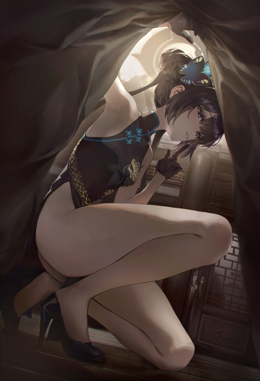 2girls black_dress black_gloves black_hair black_shoes blue_archive breasts butterfly_hair_ornament china_dress chinese_clothes commentary_request double_bun dragon_print dress gloves grey_eyes grey_halo hair_bun hair_ornament halo high_heels highres kisaki_(blue_archive) legs mina_(blue_archive) multiple_girls pelvic_curtain print_dress shoes sleeveless sleeveless_dress small_breasts smile soy_chicken thighs