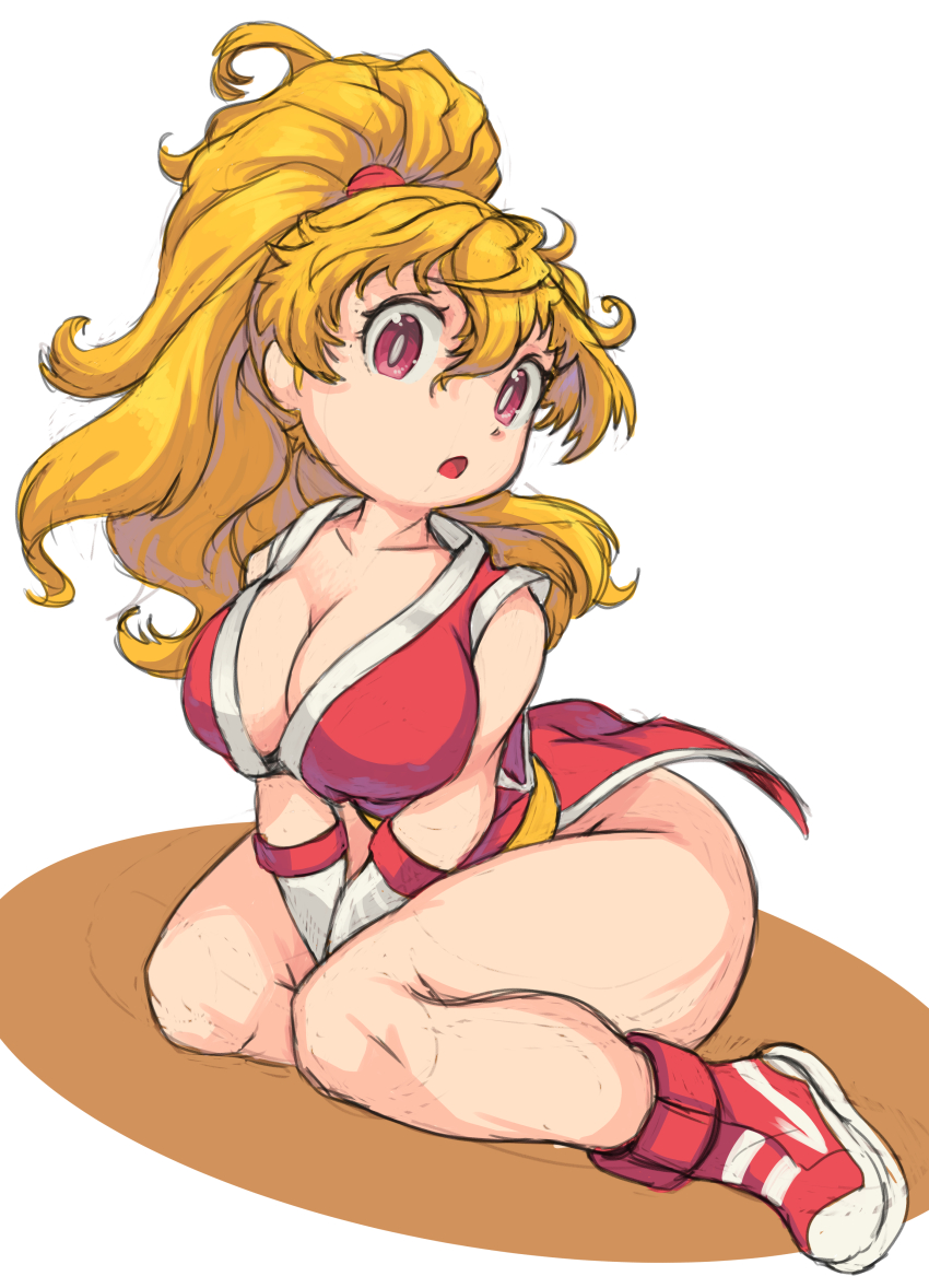 1girl blonde_hair breasts capcom cleavage final_fight genryuusai_maki large_breasts long_hair okeratan ponytail red_eyes solo