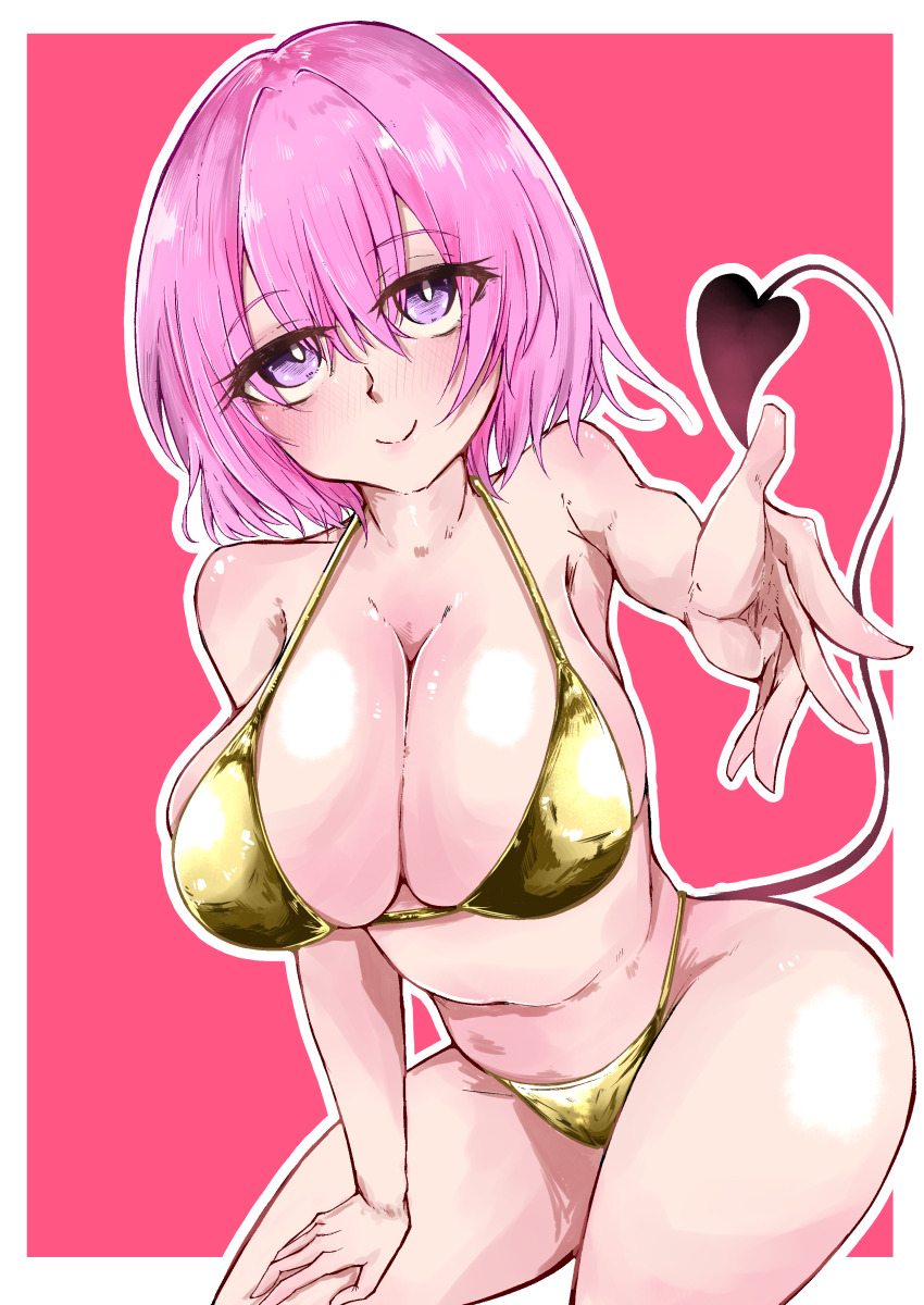 1girl absurdres armpits artist_request bikini blush breasts cleavage demon_tail gold_bikini highres large_breasts looking_at_viewer momo_velia_deviluke navel pink_hair purple_eyes short_hair simple_background smile solo standing stomach swimsuit tail thighs to_love-ru