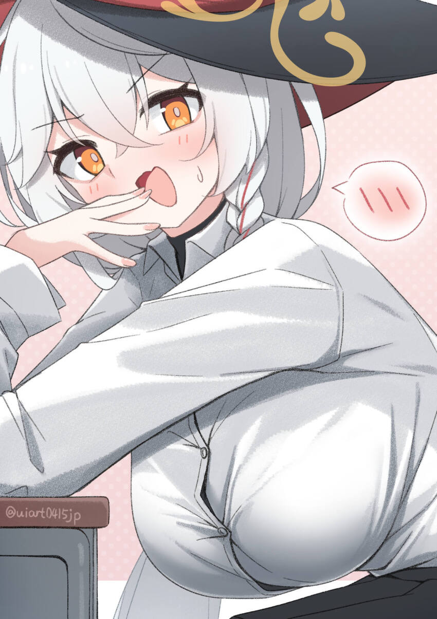 1girl blue_archive blush braid breasts commentary_request embarrassed eri_(blue_archive) fingernails halo hanging_breasts highres large_breasts long_hair long_sleeves looking_at_viewer nail_polish open_mouth orange_eyes pink_nails shirt side_braid smile speech_bubble spoken_blush umou_(may65879) upper_body white_hair white_shirt witch yellow_halo