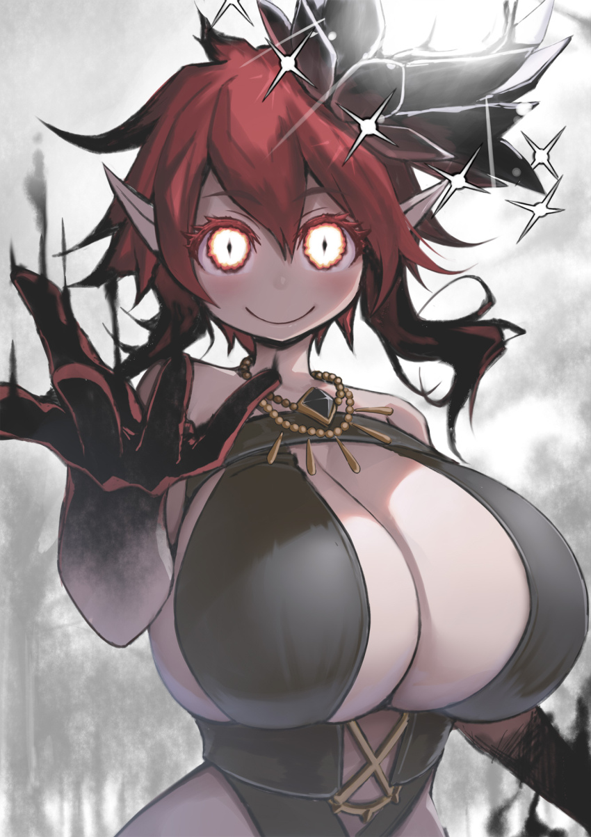 1girl black_hands breasts cleavage cleavage_cutout closed_mouth clothing_cutout colored_extremities colored_tips commentary_request curvy dark_persona double-parted_bangs flower flower_knight_girl glowing glowing_eyes hair_between_eyes hair_flower hair_ornament highres huge_breasts kintarou_(kintarou's_room) leotard long_pointy_ears looking_at_viewer multicolored_hair narrow_waist offering_hand plunging_neckline pointy_ears reaching reaching_towards_viewer red_eyes red_hair short_hair slit_pupils smile solo sparkle strapless strapless_leotard sun_(flower_knight_girl) tilted_halo umbrakinesis underbust upper_body wide_hips