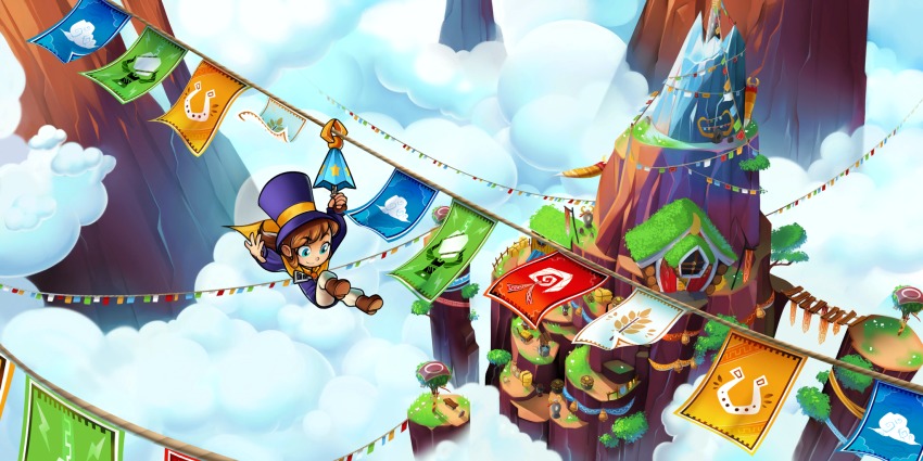 a_hat_in_time blue_eyes boots bridge brown_hair cape cloud cloudy_sky day flag floating_island grass grassy hat hat_kid hay haystack highres hook house jenna_brown mountain official_art ponytail rooftop rope sky symbol top_hat tree umbrella well wheelbarrow window