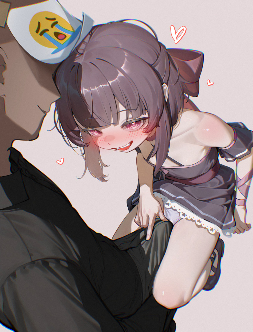 1boy 1girl absurdres ai-assisted bare_legs bare_shoulders blunt_bangs blush bow brown_hair bulge commentary crying_emoji dress emoji english_commentary erection erection_under_clothes faceless faceless_male fallenshadow fallenshadow_(1st_costume) from_above grey_background hair_bow heart hetero highres indie_virtual_youtuber loli medium_hair meme off-shoulder_dress off_shoulder open_mouth paid_reward_available panties pantyshot paper_on_head pink_eyes red_bow short_dress simple_background smile underwear uohhhhhhhhh!_(meme) virtual_youtuber white_panties yoko-chan_(mijizukeyoko)