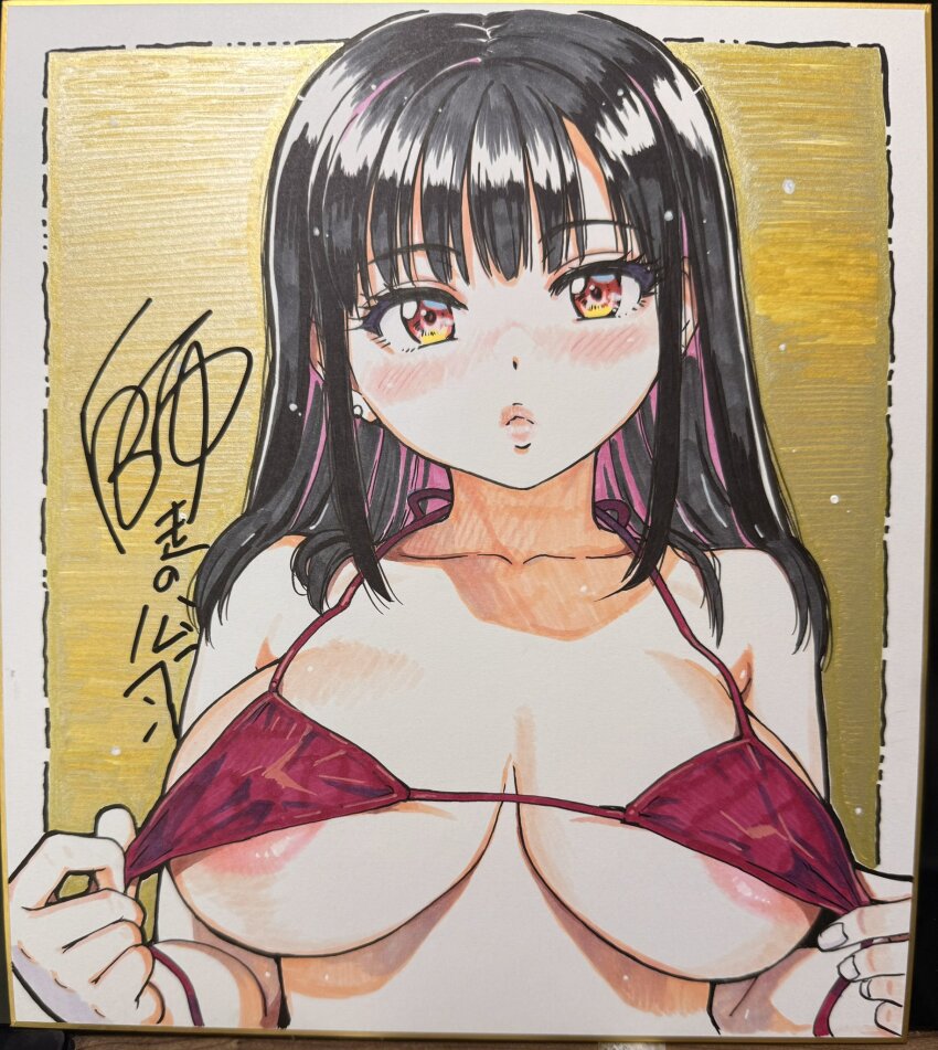 1girl bare_arms bare_shoulders bikini black_hair blush breasts breasts_apart cleavage closed_mouth colorized earrings highres jewelry large_areolae large_breasts lipstick long_hair looking_at_viewer makeup multicolored_eyes original pink_lips red_bikini red_eyes rindo_komari shikishi shiwasu_no_okina signature signed solo straight_hair swimsuit tagme yellow_background