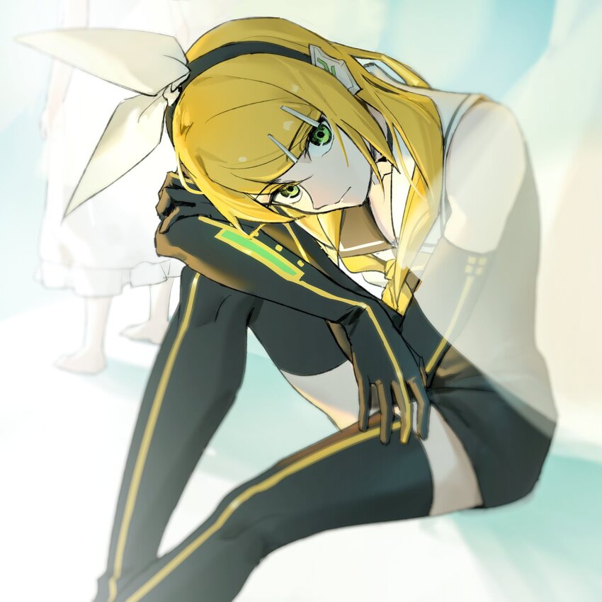 1girl black_gloves black_hairband black_shirt black_shorts black_thighhighs blonde_hair blue_eyes bow commentary_request elbow_gloves gloves hair_bow hair_ornament hairband hairclip highres kagamine_rin knee_up medium_hair meltdown neckerchief sailor_collar shirt shorts sitting sleeveless sleeveless_shirt solo thighhighs vocaloid white_bow white_sailor_collar wounds404 yellow_eyes yellow_neckerchief