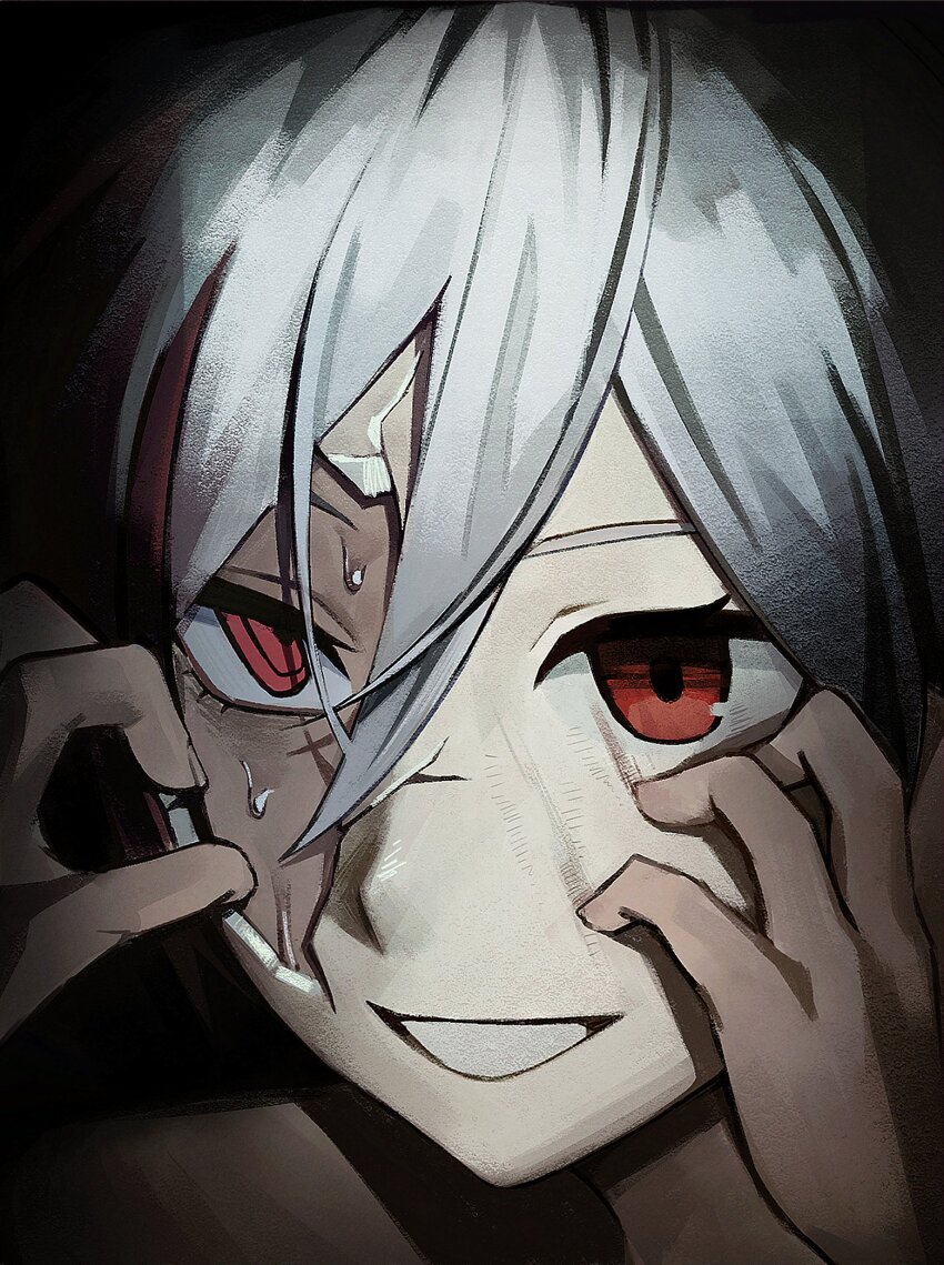 1girl 7h3rd cosplay cracked_kawaii_mask fu_hua fu_hua_(garuda) herrscher_of_sentience herrscher_of_sentience_(cosplay) highres honkai_(series) honkai_impact_3rd red_eyes solo sweat upper_body white_hair