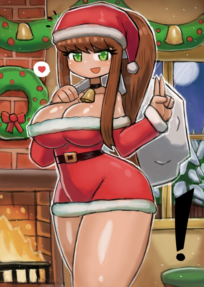 ! 1girl bell belt black_belt blush bow breasts brown_hair choker christmas christmas_ornaments cleavage collarbone doki_doki_literature_club dress fire fireplace full_moon fur-trimmed_dress fur-trimmed_headwear fur_trim green_eyes hair_ribbon hat heart holding holding_sack large_breasts long_hair long_sleeves looking_at_viewer monika_(doki_doki_literature_club) moon neck_bell night off-shoulder_dress off_shoulder open_mouth pom_pom_(clothes) ponytail red_bow red_dress red_hat ribbon sack santa_costume santa_dress santa_hat sidelocks sky smile snow speech_bubble spoken_heart standing thick_thighs thighs tony_welt tree v white_ribbon wide_hips window winter wreath