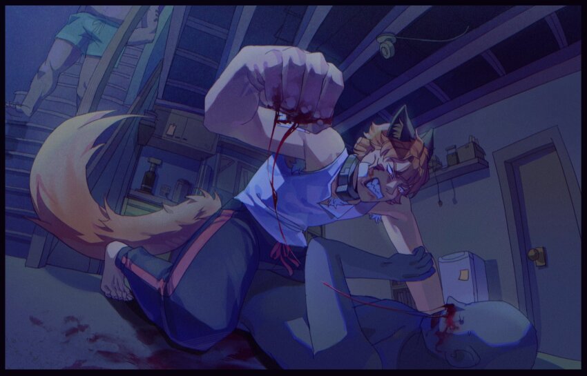1other 2boys ambiguous_gender anger_vein angry animal_ears blood blood_trail boyfriend_to_death clenched_hand clenched_teeth collar commentary english_commentary facial_mark foreshortening fox_ears fox_tail from_below full_body furry furry_male hands_in_pockets highres imminent_murder in-universe_location kneeling multiple_boys nosebleed out_of_frame railing ren_hana_(boyfriend_to_death) shirt shorts soureeeee stairs strade_(boyfriend_to_death) tail tank_top teeth viewer_self-insert walking white_shirt