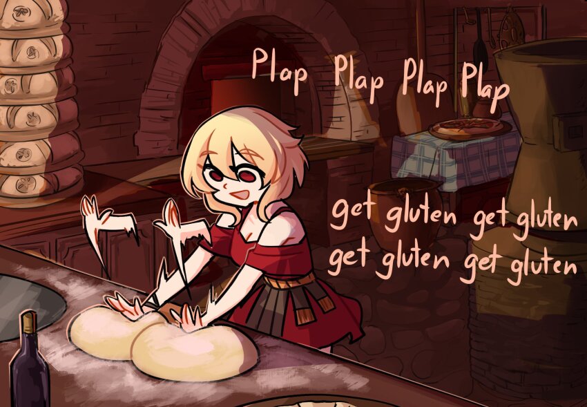 1girl afterimage bakery baking bare_shoulders blonde_hair bread_bun breasts brick_oven brick_wall centurii-chan centurii-chan_(character) cleavage commentary corked_bottle dough dress english_commentary english_text eyes_visible_through_hair flour food hair_between_eyes highres indoors kneading kneading_dough medium_hair meme motion_lines no_pupils off-shoulder_dress off_shoulder open_mouth original oven parody pizza plap_plap_plap_get_pregnant_(meme) red_dress red_eyes shop smear_frame smile solid_eyes solo stack stone_floor tablecloth talking waving_arms
