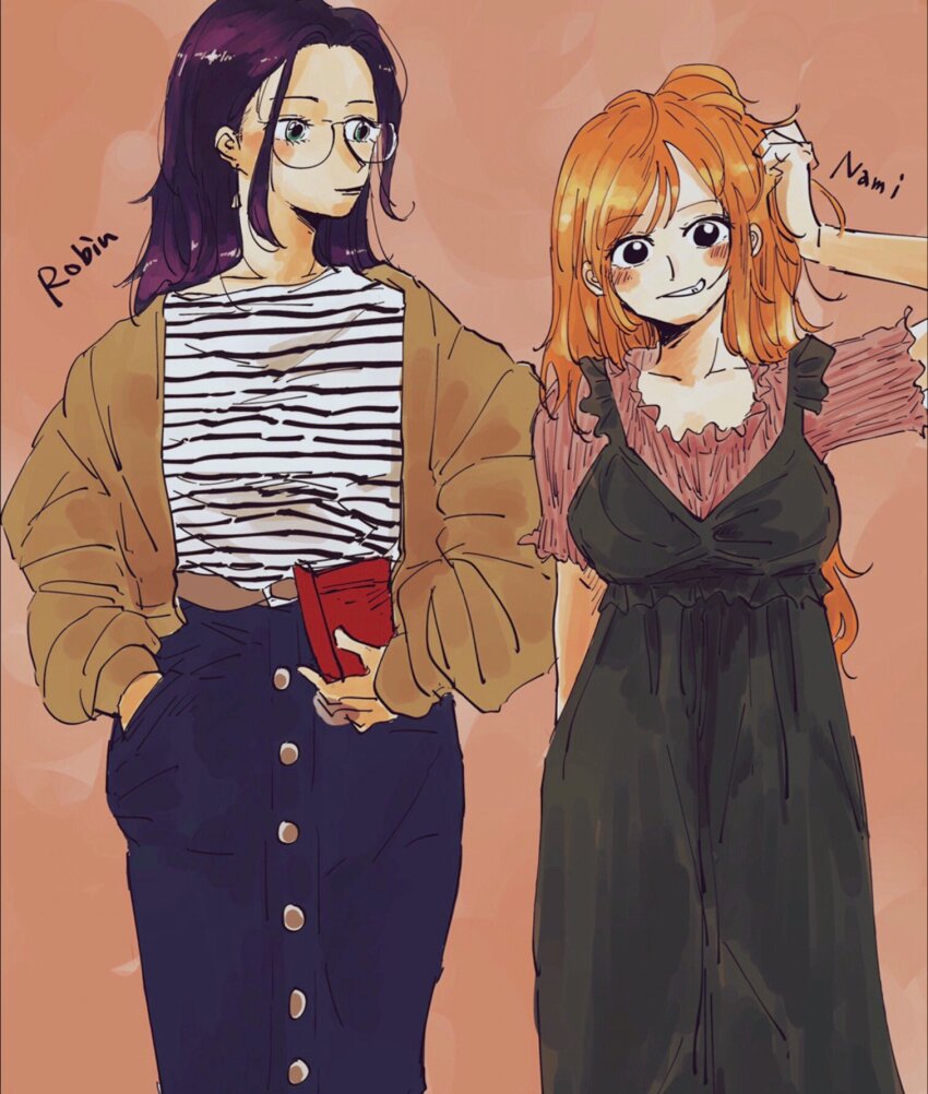 2girls black_dress blush cardigan character_name commentary_request dress glasses hand_in_pocket hebi_d_hebi highres long_hair looking_at_another multiple_girls nami_(one_piece) nico_robin one_piece orange_hair purple_hair sidelocks smile