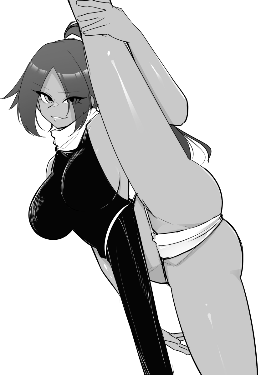 1girl bare_shoulders bleach breasts female_focus fundoshi japanese_clothes kzkm_4 large_breasts leg_up long_hair looking_at_viewer monochrome parted_bangs shihouin_yoruichi shiny_skin simple_background white_background