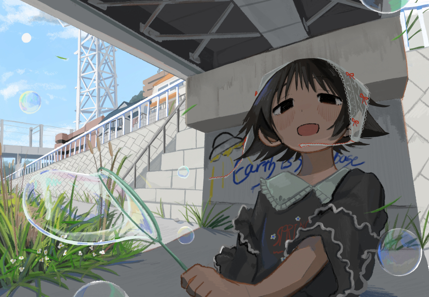 1girl amamoto_air black_eyes black_hair black_shirt blouse blue_sky blush bridge bubble_wand building cattail collared_shirt day flower graffiti grass headscarf highres holding lace lace_headwear layered_sleeves open_mouth original plant railing shirt sky soap_bubbles solo under_bridge