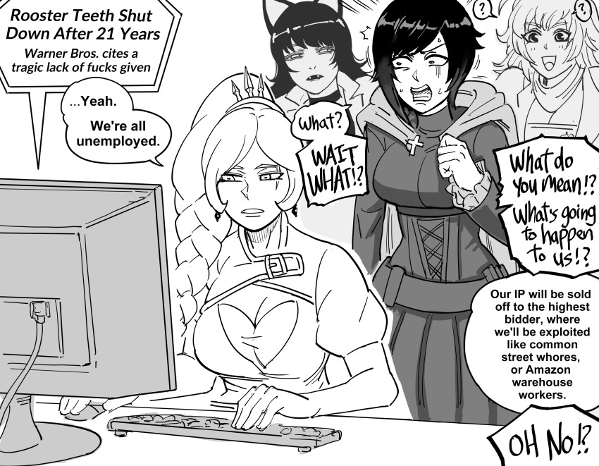 4girls ? absurdres animal_ears bb_(baalbuddy) blake_belladonna braid braided_ponytail breasts cape cat_ears cat_girl cleavage commentary computer english_commentary english_text female_focus greyscale highres hood hooded_cape computer_keyboard large_breasts medium_breasts monitor monochrome multiple_girls open_mouth ponytail ruby_rose rwby side_ponytail simple_background speech_bubble surprised weiss_schnee white_background yang_xiao_long