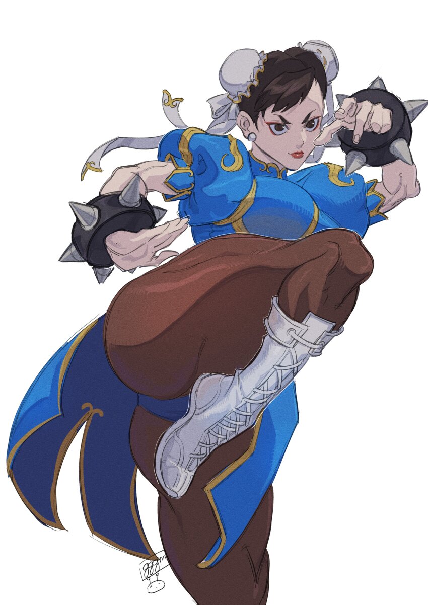 1girl absurdres blue_dress boots bracelet breasts brown_eyes brown_hair brown_pantyhose bun_cover capcom china_dress chinese_clothes chun-li commentary double_bun dress earrings english_commentary eyeliner fighting_stance gogogomorrah_(gggm) hair_bun highres jewelry knee_boots lace-up_boots large_breasts looking_at_viewer makeup pantyhose pearl_earrings pelvic_curtain puffy_short_sleeves puffy_sleeves red_eyeliner red_lips short_hair short_sleeves simple_background solo spiked_bracelet spikes standing standing_on_one_leg street_fighter thick_thighs thighs upskirt v-shaped_eyebrows white_background white_boots