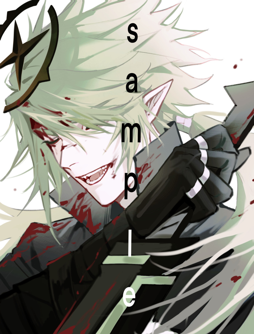 1boy aotu_world black_gloves black_jacket blood blood_on_clothes blood_on_face bloody_weapon chinese_commentary closed_eyes commission gloves green_hair halo highres holding holding_weapon jacket jewelry long_hair looking_at_viewer low_ponytail male_focus open_mouth pointy_ears ponytail ring sample_watermark sharp_teeth simple_background smile solo teeth upper_body watermark weapon white_background xander_(aotu_world) xw_ji_ben_yuan_li_gailun