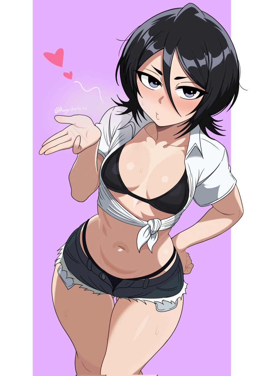 1girl artist_name augusketchs bikini bikini_under_clothes black_bikini black_hair black_shorts bleach blowing_kiss blush breasts cleavage collarbone commentary corrupted_twitter_file english_commentary hair_between_eyes hand_on_own_hip highres kuchiki_rukia looking_at_viewer medium_hair navel open_clothes open_fly open_shirt purple_eyes shirt short_shorts shorts simple_background solo standing swimsuit thigh_gap tied_shirt twitter_username white_shirt