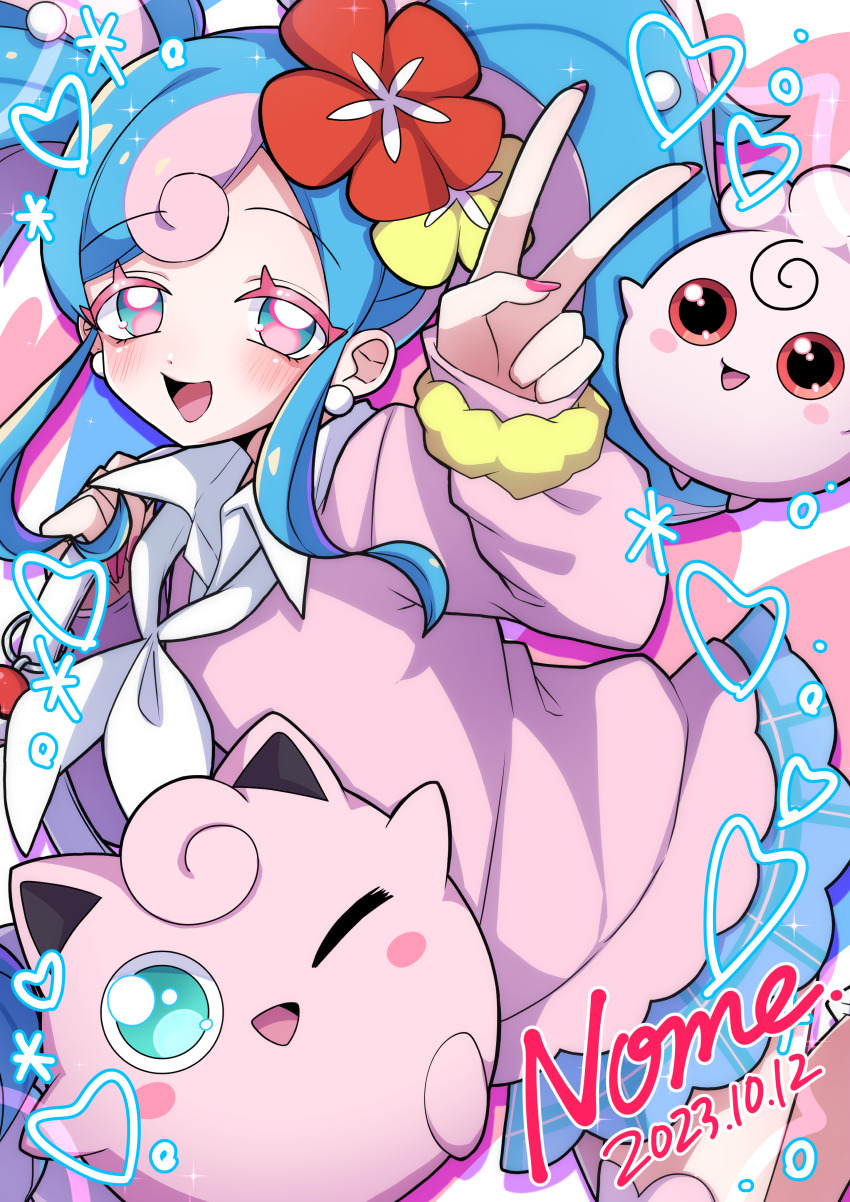 1girl :d absurdres blue_hair blue_skirt blush collared_shirt commentary_request dated eyelashes fairy_miku_(project_voltage) flower gen_1_pokemon gen_2_pokemon hair_flower hair_ornament hatsune_miku heart highres igglybuff jigglypuff long_hair long_sleeves nail_polish nintendo open_mouth pink_nails pink_sweater pokemon pokemon_(creature) project_voltage red_flower scrunchie shiino_nome shirt signature skirt smile sweater tongue twintails vocaloid white_shirt wrist_scrunchie
