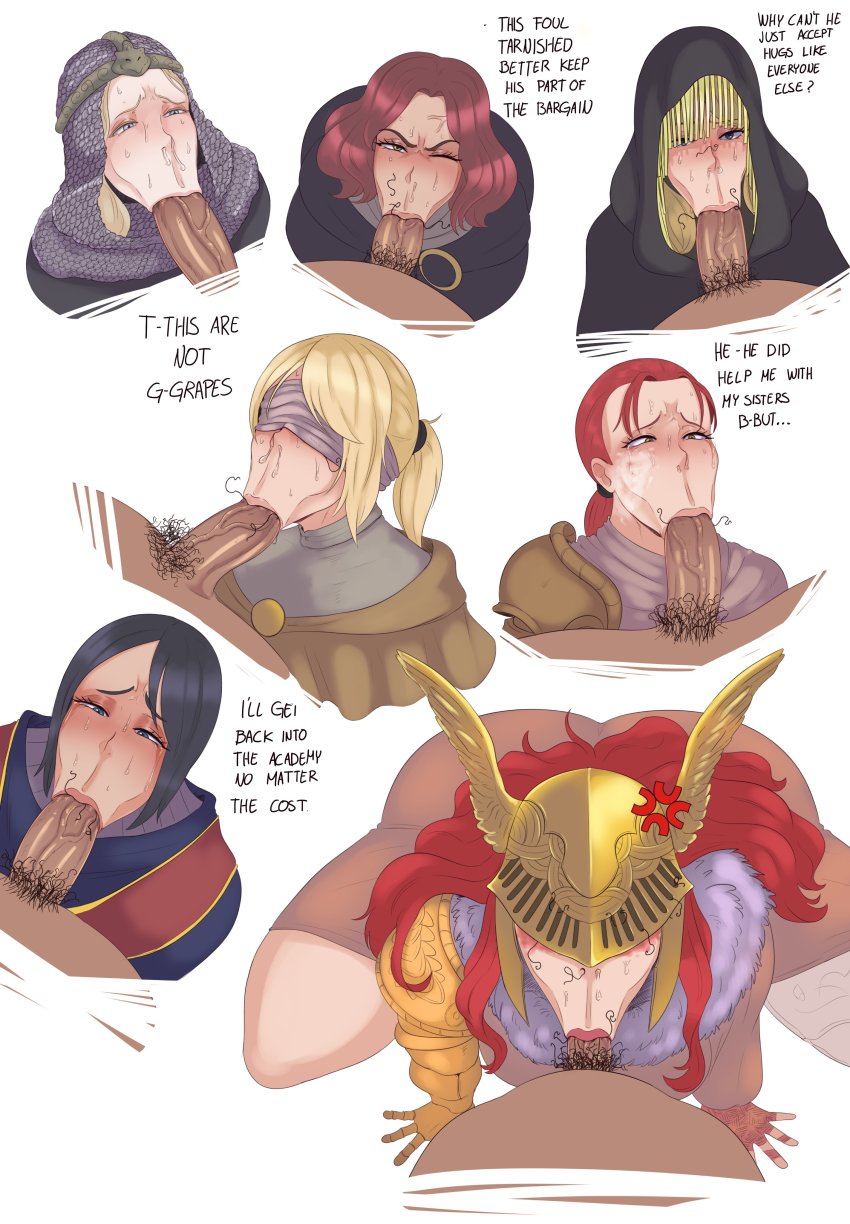 1boy 6+girls :>= absurdres angry black_hair blindfold blonde_hair blue_eyes blush clothed_female_nude_male clothed_sex elden_ring english_text fellatio fia_the_deathbed_companion fromsoftware helmet highres hyetta_(elden_ring) ignotoz large_penis latenna_the_albinauric long_hair male_pubic_hair malenia_blade_of_miquella melina_(elden_ring) millicent_(elden_ring) multiple_boys multiple_girls nude one_eye_closed oral penis ponytail pov pubic_hair red_hair simple_background sorceress_sellen stray_pubic_hair sweater tarnished_(elden_ring) veins veiny_penis white_background