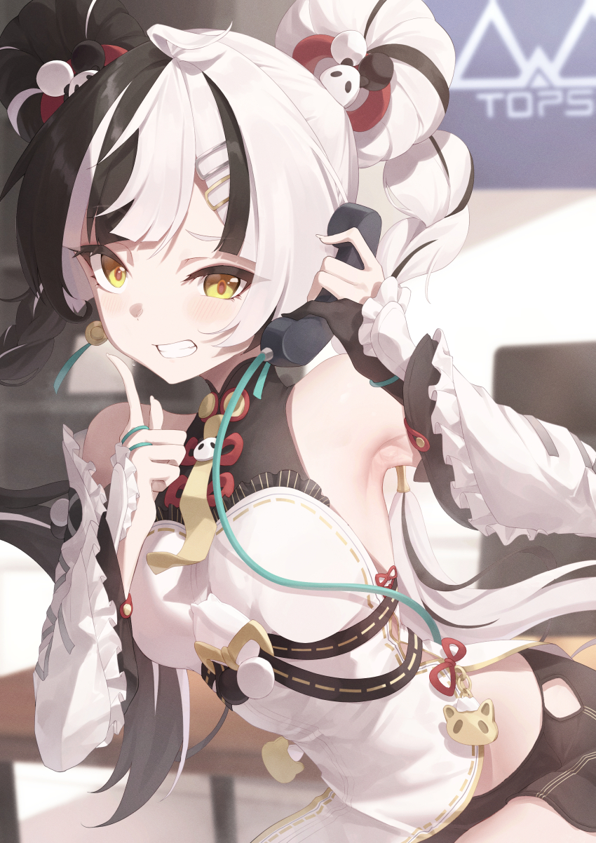 1girl absurdres armpits black_hair black_shorts breasts china_dress chinese_clothes commentary dialyn_(zenless_zone_zero) dress english_commentary gueya hair_ornament highres holding holding_phone looking_at_viewer medium_breasts multicolored_hair paid_reward_available panda_hair_ornament phone shorts solo twintails two-tone_hair white_hair zenless_zone_zero