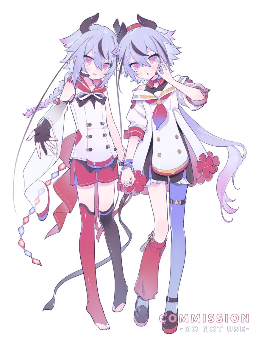 2others a.i._voice ascot asymmetrical_legwear bare_shoulders black_bridal_gauntlets black_hair black_horns black_shoes blue_hair blue_nails blue_pantyhose blue_shorts braid bridal_gauntlets bridal_legwear buttons commentary detached_sleeves double-breasted dress dual_persona english_commentary full_body hair_between_eyes headset highres horns japanese_clothes leg_warmers meika_mikoto mismatched_legwear multicolored_hair multicolored_nails multiple_others nail_polish off-shoulder_dress off_shoulder pantyhose pink_eyes plum_bule red_ascot red_leg_warmers red_nails red_sailor_collar red_shorts sailor_collar shirt shoes shorts single_detached_sleeve single_leg_pantyhose single_leg_warmer sleeveless sleeveless_shirt small_horns streaked_hair thigh_strap toenail_polish toenails tsurime two-tone_legwear two-tone_nails vocaloid white_dress white_shirt white_sleeves