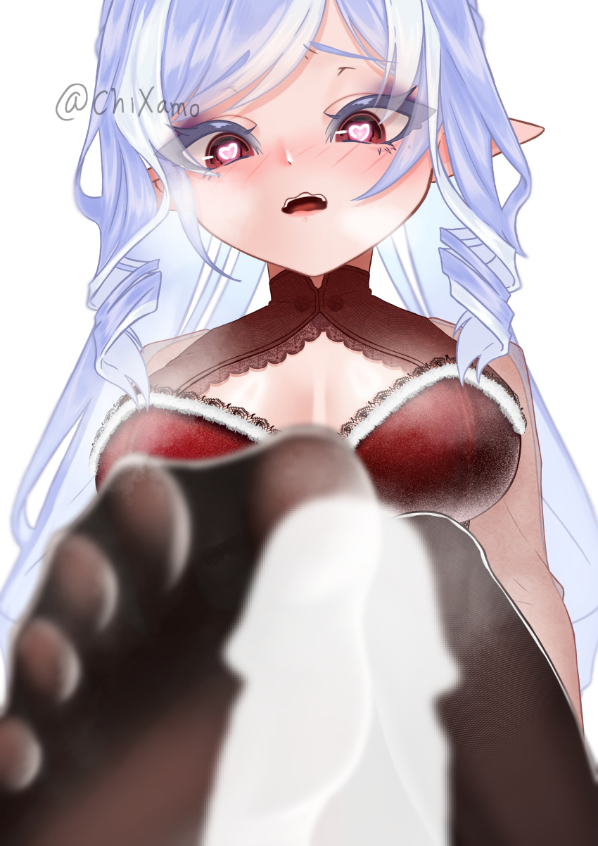 1girl absurdres blush chixamo feet footjob heart heart-shaped_pupils highres long_hair open_mouth pantyhose pointy_ears red_eyes soles steam symbol-shaped_pupils toes vivian_banshee zenless_zone_zero