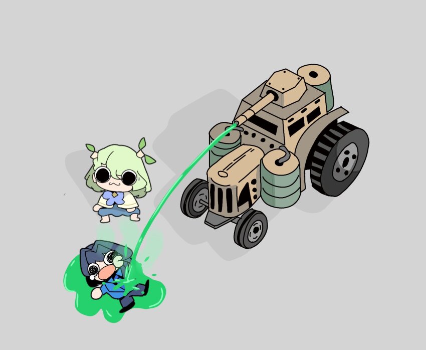 2girls :3 antlers blue_hair blue_necktie blue_pants bread_forbidden ceres_fauna ceres_fauna_(jirai_kei) chibi coat command_&amp;_conquer command_&amp;_conquer:_generals full_body green_hair grey_background highres hololive hololive_english horns long_hair lying motor_vehicle multiple_girls necktie official_alternate_costume on_back open_mouth ouro_kronii ouro_kronii_(4th_costume) pants simple_background toxin_tractor tractor tree_horns virtual_youtuber