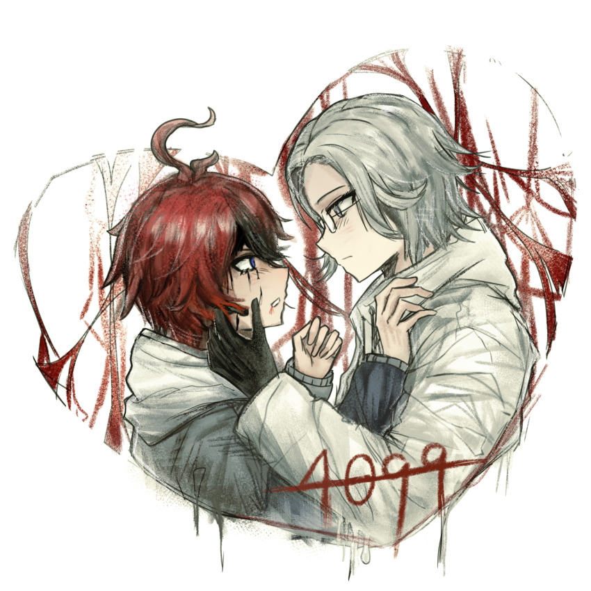 2boys ahoge aotsuki_eito black_gloves black_hair blood blood_from_mouth blood_on_face blue_eyes chinese_commentary closed_mouth commentary_request dong_fanqie glasses gloves grey_hair grey_jacket hand_on_another's_cheek hand_on_another's_face heart highres hood hood_down hooded_jacket jacket male_focus multicolored_hair multiple_boys red_hair short_hair streaked_hair sumino_takumi the_hundred_line_-last_defense_academy- two-tone_hair white_jacket