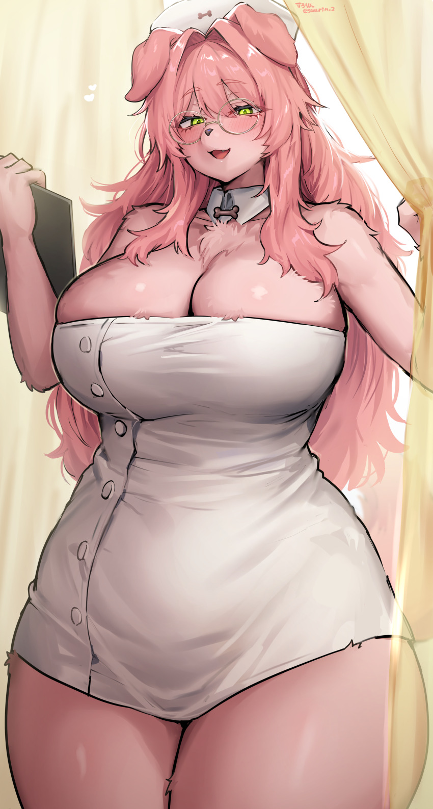 1girl :d absurdres animal_ears bare_arms bare_shoulders blush breasts cleavage commentary_request cowboy_shot detached_collar dog_ears dog_girl furry furry_female glasses green_eyes hat highres holding large_breasts looking_at_viewer nurse nurse_cap open_mouth original pink_fur smile snout solo suurin_(ksyaro)