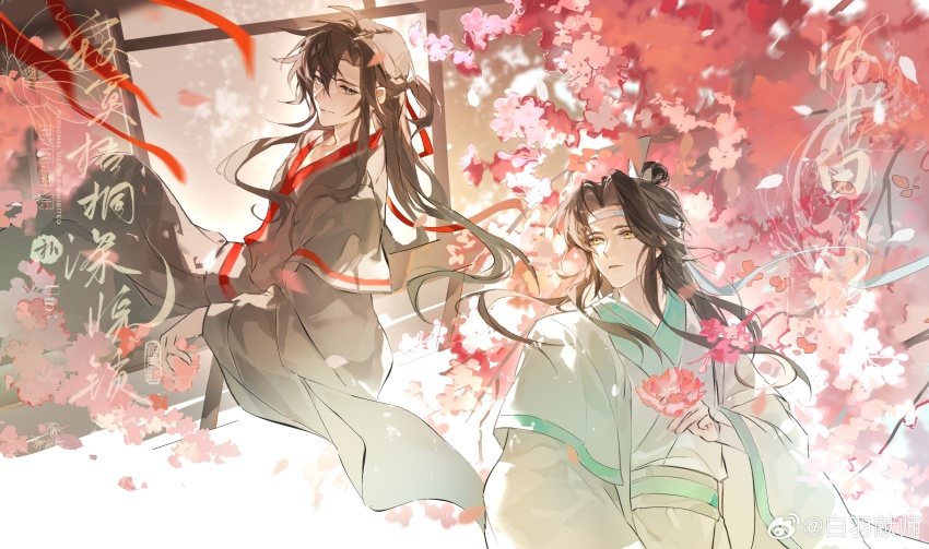 2boys against_railing bai_yu_xian_shi black_hair black_hanfu blue_sash branch cherry_blossoms chinese_clothes chinese_commentary chinese_text closed_mouth commentary_request couple falling_petals floating_hair flower grey_eyes hair_down hair_ribbon half_updo hanfu headband highres holding holding_flower lan_wangji long_hair long_sleeves looking_at_another male_focus modao_zushi multiple_boys official_alternate_hairstyle petals pink_flower railing red_ribbon red_sash ribbon robe sash sidelocks sitting smile topknot tree upper_body watermark wei_wuxian wei_wuxian_(yiling_laozu) weibo_watermark white_hanfu white_headband wide_sleeves window xiao_guan_(headdress) yaoi yellow_eyes
