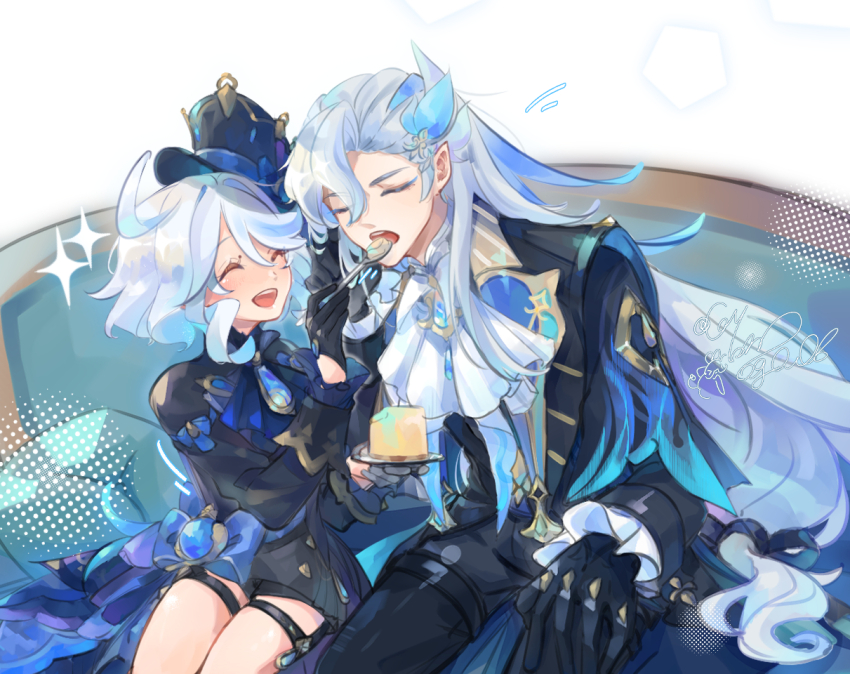 1boy 1girl black_gloves blue_hair closed_eyes commentary cottondog_ouob couch couple cowboy_shot eating feeding furina_(genshin_impact) genshin_impact gloves hat hetero holding holding_spoon long_hair mini_hat mini_top_hat neuvillette_(genshin_impact) on_couch open_mouth pointy_ears short_hair sitting smile sparkle spoon symbol-only_commentary thigh_strap top_hat