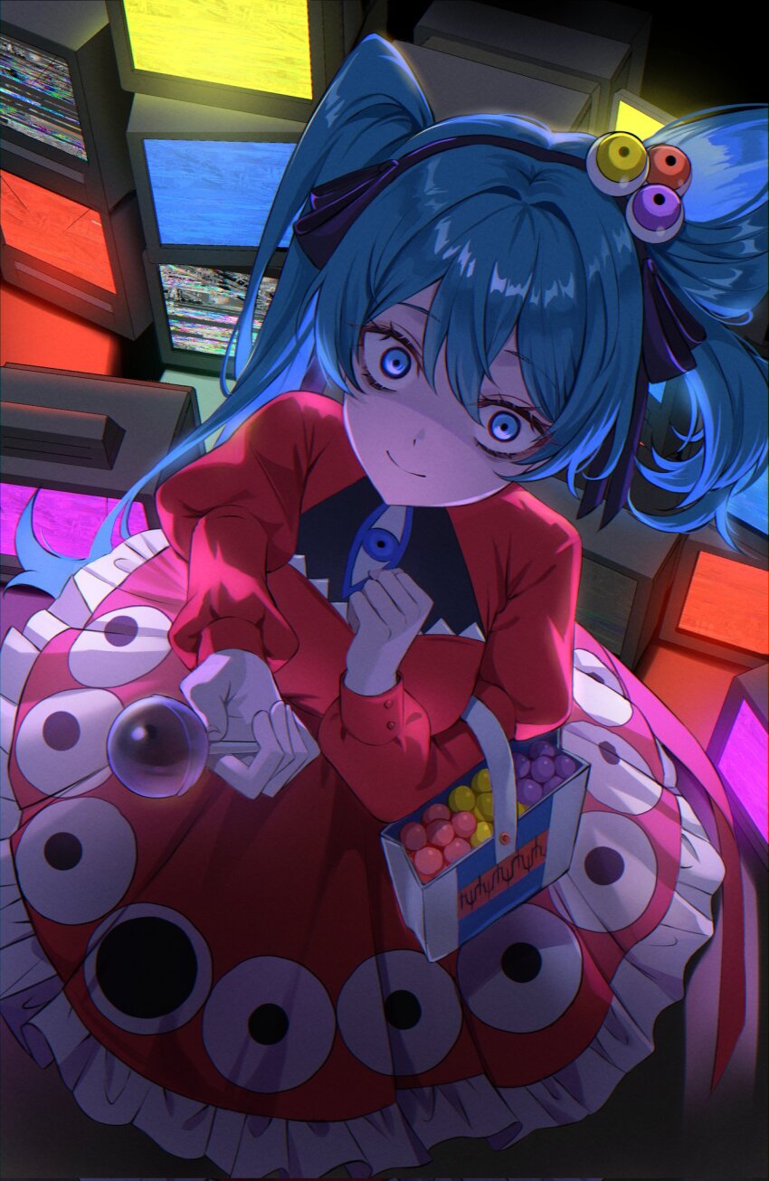 1girl blue_eyes blue_hair candy commentary crt dress eye_print eye_symbol eyeball_hair_ornament folded_hair food frilled_dress frills hair_ribbon hatsune_miku highres holding holding_candy holding_food holding_lollipop huyu juliet_sleeves lollipop long_hair long_sleeves looking_at_viewer psi_(vocaloid) puffy_sleeves red_dress ribbon sitting static television twintails uneven_twintails