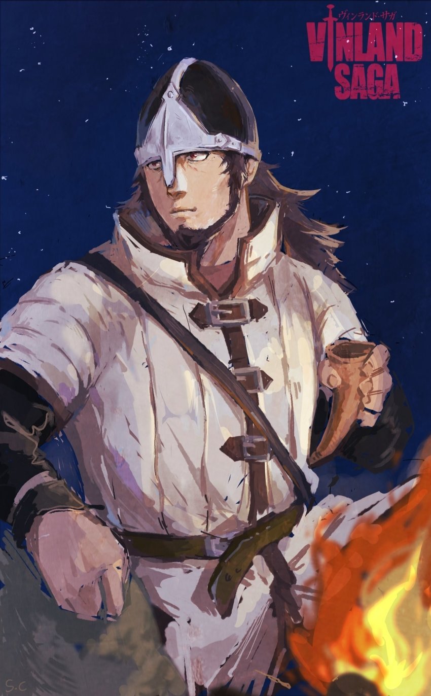 beard belt_buckle bjorn_(vinland_saga) brown_eyes brown_hair buckle drinking_horn facial_hair helmet highres long_hair sansanpai tunic viking vinland_saga warrior