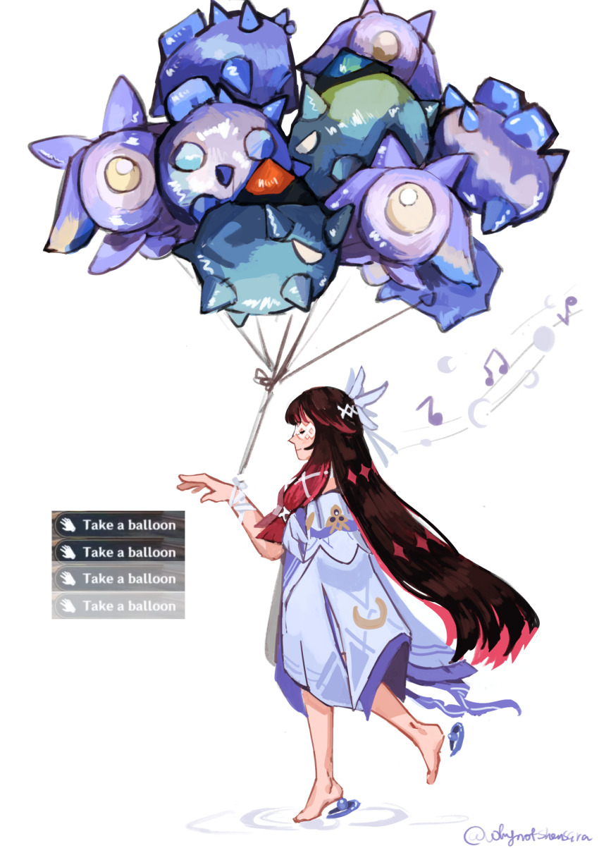 1girl angel_wings_hair_ornament animal_balloon anklet armlet bakeryowl balloon beamed_sixteenth_notes closed_eyes closed_mouth columbina_(genshin_impact) eighth_note english_text genshin_impact hair_ornament hand_up highres holding holding_balloon jewelry long_hair multicolored_hair musical_note simple_background smile standing standing_on_one_leg twitter_username white_background white_mask x_hair_ornament