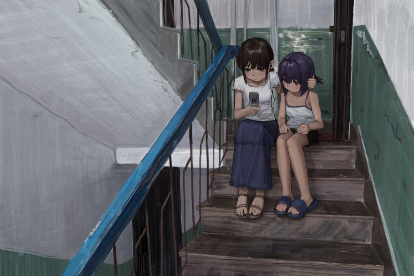 2girls an_yb black_eyes black_hair black_shorts blouse blue_sandals blue_skirt camisole cellphone closed_mouth commentary crying crying_with_eyes_open door earphones english_commentary flip_phone handrail holding holding_phone indoors long_hair long_skirt looking_at_object looking_down medium_hair multiple_girls on_stairs original phone ponytail purple_hair sandals shared_earphones shirt shoes short_ponytail shorts sitting sitting_on_stairs skirt slides stairs stairwell swept_bangs tears white_camisole white_shirt