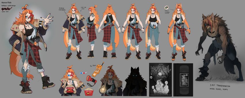 1girl animal_ears black_nails black_shirt black_shoes blue_eyes blue_overalls breasts buffpup_(horror_flick)_(vtuber) buffpup_(vtuber) buffpup_(werepup)_(vtuber) cleavage closed_mouth commentary curly_hair english_commentary epebe highres large_breasts long_hair looking_at_viewer movie_poster_(medium) official_alternate_costume official_alternate_hairstyle official_art orange_hair overalls red_streas shirt shoes smile solo tail torn_clothes torn_overalls vchiban very_long_hair werewolf wolf_ears wolf_girl wolf_paws wolf_tail