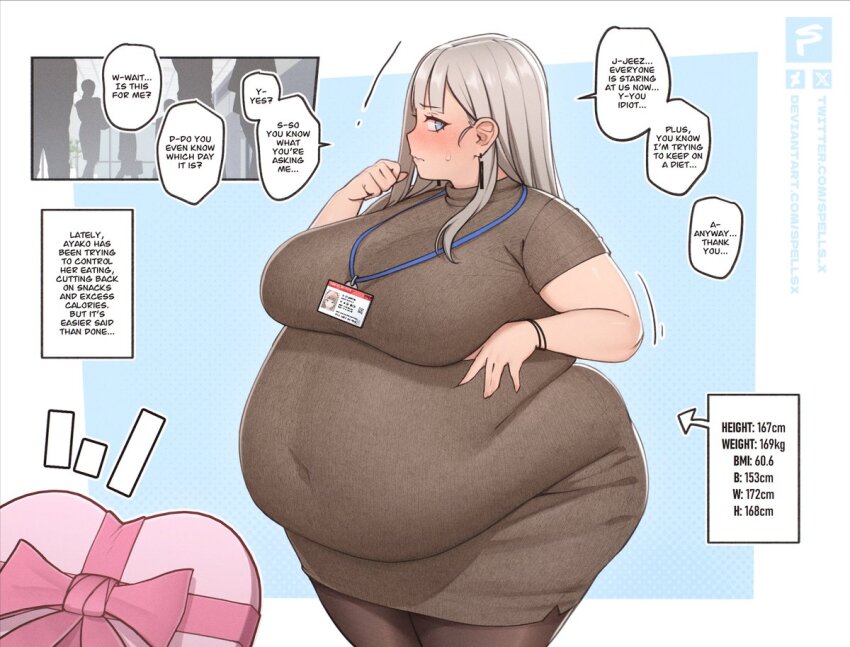 ! 1girl alternate_body_size artist_name ayako_(spells_x) belly big_belly black_pantyhose blue_background blue_eyes blunt_bangs blush border breasts candy chocolate chocolate_heart closed_mouth comic cowboy_shot deviantart_username dress earrings embarrassed english_text fat fat_rolls fat_woman female_focus full-face_blush hair_behind_ear hand_on_own_stomach hand_up heart height hime_cut id_card impossible_clothes jewelry large_breasts long_hair looking_at_viewer measurements navel obese office office_lady original pantyhose pencil_skirt pov ribbed_sweater shiny_skin short-sleeved_sweater short_sleeves sidelocks sideways_glance silhouette simple_background skirt solo_focus speech_bubble spells_x standing sweatdrop sweater sweater_dress taut_clothes thick_arms thick_thighs thighs twitter_username undersized_clothes valentine watermark wavy_mouth weight weight_conscious weight_gain white_hair wide_hips wristband