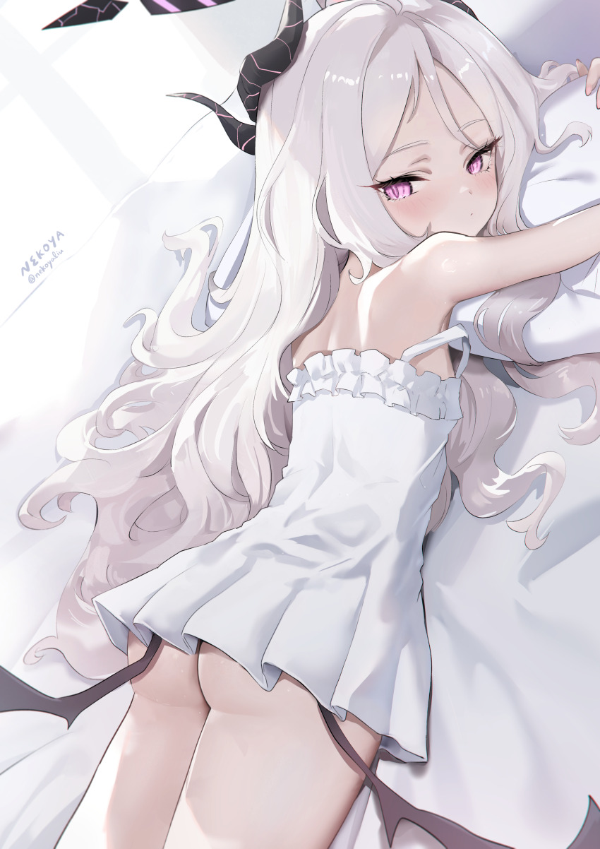 1girl absurdres artist_name ass blue_archive closed_mouth commentary_request demon_girl demon_horns demon_wings dress flat_chest halo highres hina_(blue_archive) horns hugging_object long_hair looking_at_viewer lying nekoya_(liu) on_stomach paid_reward_available pillow pillow_hug purple_eyes purple_halo purple_horns purple_wings signature solo twitter_username wavy_hair white_dress white_hair wings