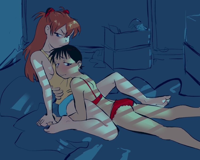 1boy 1girl black_hair blue_eyes blue_shorts blush bra breasts crossdressing dokudrinker embarrassed frown ikari_shinji interface_headset_(evangelion) legs_apart lingerie looking_at_viewer lying_on_another lying_on_person moving_boxes neon_genesis_evangelion night no_bra pale_skin panties red_bra red_hair red_panties shirt shorts sideboob slats source_request souryuu_asuka_langley tank_top underwear without_bra yellow_shirt