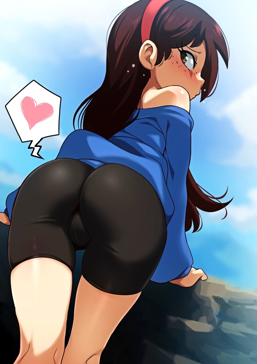 1girl absurdres arm_support ass bike_shorts black_hair black_shorts blue_sweater blush brown_eyes brown_hair cloud cowboy_shot dutch_angle female_focus freckles from_behind hairband heart highres jcm2 knees leaning_forward loli long_hair looking_at_viewer looking_back outdoors red_hairband shorts sid_chang skin_tight sky solo spoken_heart standing sweater the_casagrandes the_loud_house