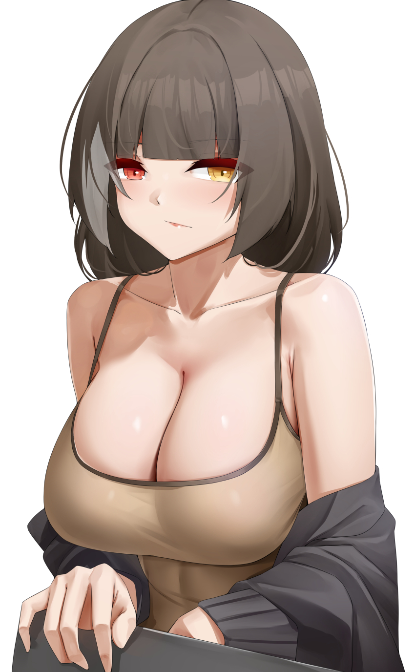 1girl :/ absurdres bare_shoulders black_jacket blush breasts brown_hair casperrin cleavage clothes_pull commentary girls'_frontline girls'_frontline_2:_exilium half-closed_eyes heterochromia highres jacket jacket_pull large_breasts long_hair multicolored_hair off_shoulder open_clothes open_jacket red_eyes ro635_(girls'_frontline) robella_(girls'_frontline_2) solo spaghetti_strap streaked_hair two-tone_hair upper_body white_hair yellow_eyes