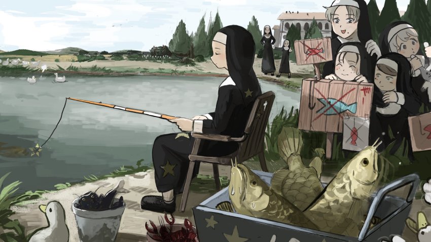 6+girls :d ^_^ aged_down arowana baby_animal bait bird brown_hair bucket building bunny_nun_(diva) bush catfish chair chick closed_eyes cloud cloudy_sky commentary crayfish cross day diva_(hyxpk) drawing drinking duck english_commentary field fish fishing fishing_line fishing_rod flying freckles freckles_nun_(diva) grass habit hand_grab hand_on_another's_arm hand_on_another's_head hands_on_own_hips highres hill holding holding_stuffed_toy leaf_nun_(diva) little_nuns_(diva) mole mole_under_mouth multiple_girls nun on_roof open_mouth original outdoors patch pointing pointing_at_another pond poster_(object) pushing_cart sign signpost silver_hair sitting sky slice_of_life smile smug_nun_(diva) star_(symbol) star_nun_(diva) sticker strict_nun_(diva) stuffed_animal stuffed_rabbit stuffed_toy sweatdrop traditional_nun tree wading wooden_chair