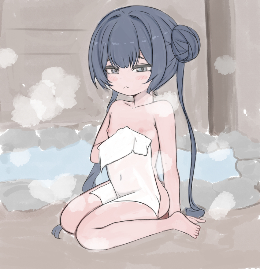 1girl absurdres black_hair blue_archive blush covered_navel double_bun feet female_focus flat_chest grey_eyes hair_bun highres holding holding_towel kisaki_(blue_archive) lofu loli long_hair looking_at_viewer nipples onsen sitting solo steaming_body thighs toes towel twintails