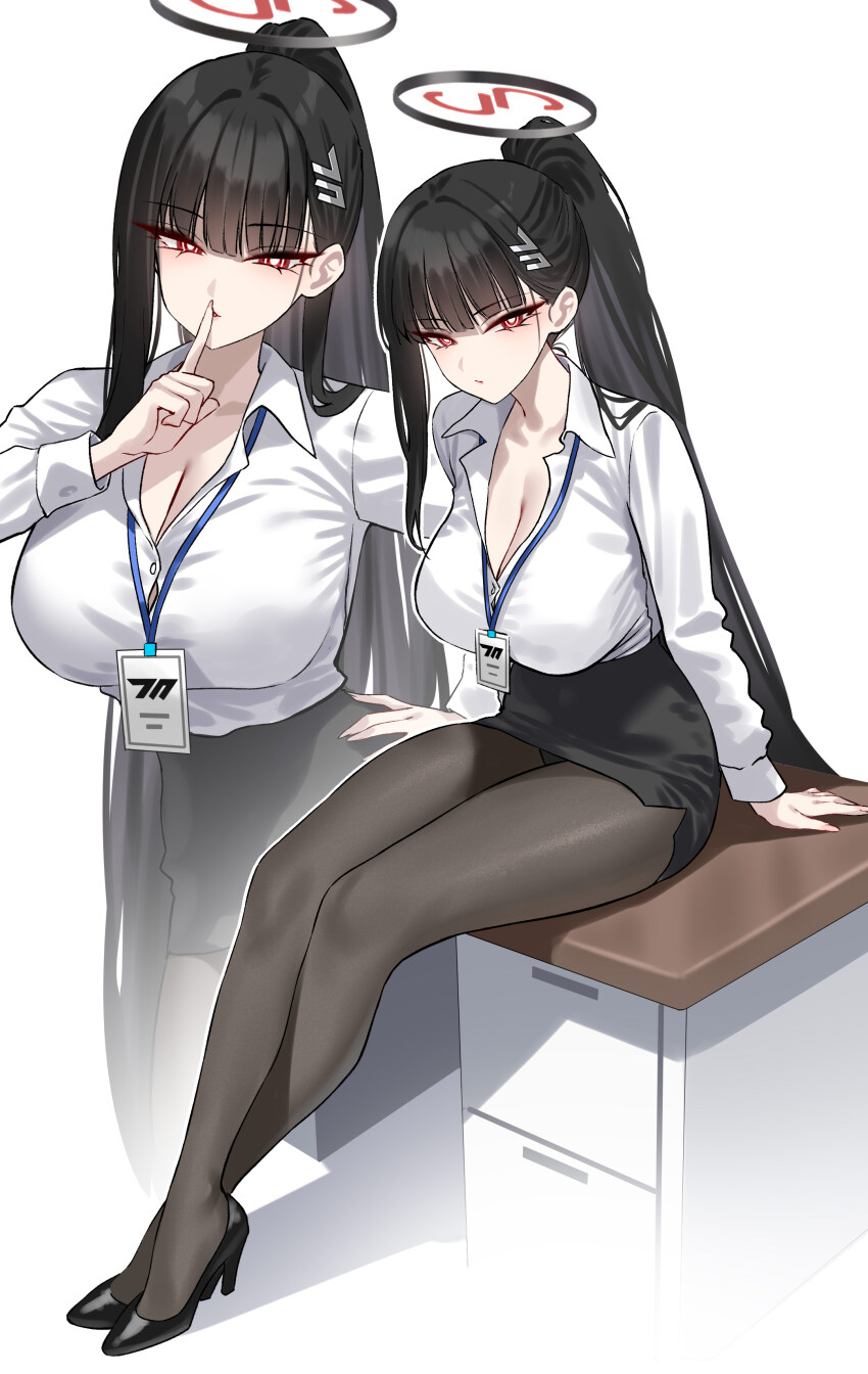 1girl absurdres alternate_costume black_pantyhose black_shoes black_skirt blue_archive breasts bright_pupils cleavage closed_mouth collared_shirt commentary duplicate english_commentary finger_to_mouth full_body hair_ornament hairclip halo hand_on_own_hip high_heels highres large_breasts long_hair long_sleeves looking_at_viewer miniskirt office_lady paid_reward_available pantyhose ponytail red_eyes rio_(blue_archive) shigure_s shirt shirt_tucked_in shoes shushing sitting skirt thighs white_background white_pupils white_shirt