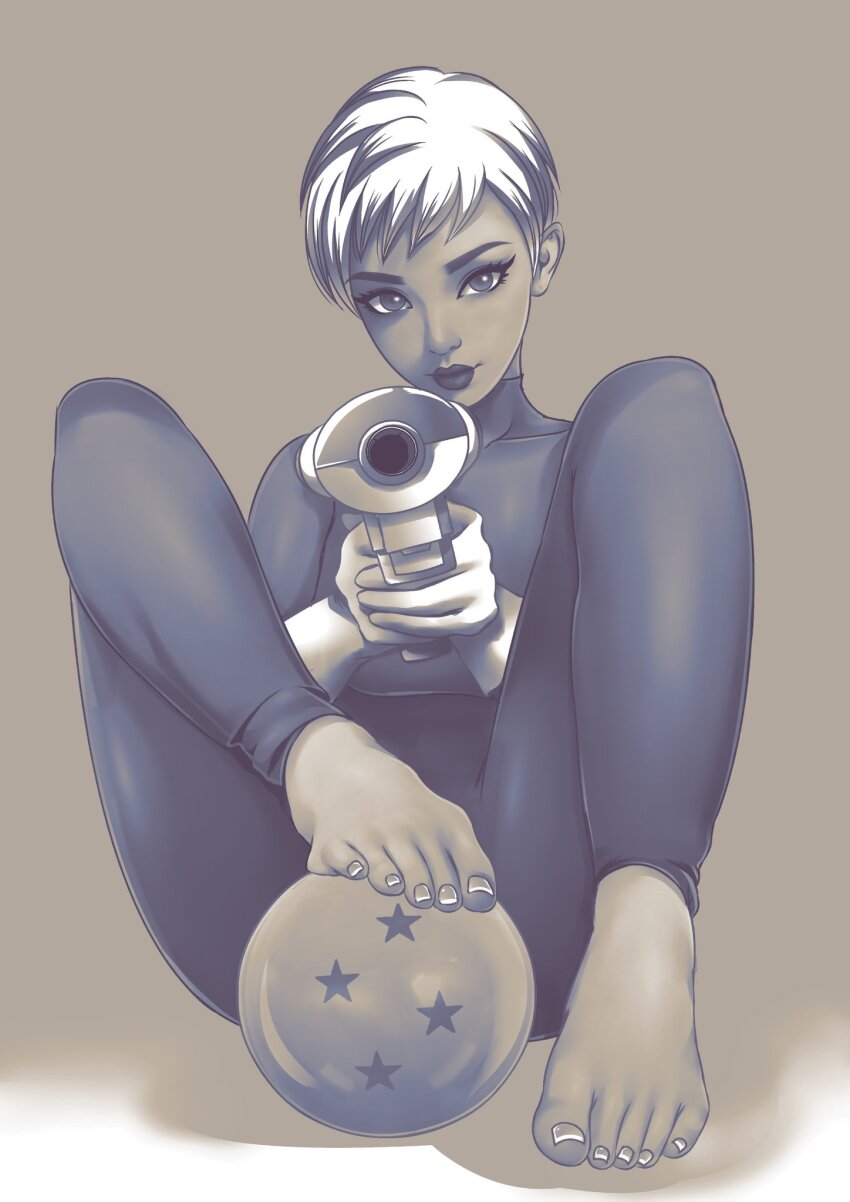 1girl barefoot bodysuit cheelai dragon_ball dragon_ball_(object) dragon_ball_super energy_gun feet highres looking_at_viewer monochrome mozartav ray_gun short_hair smile weapon