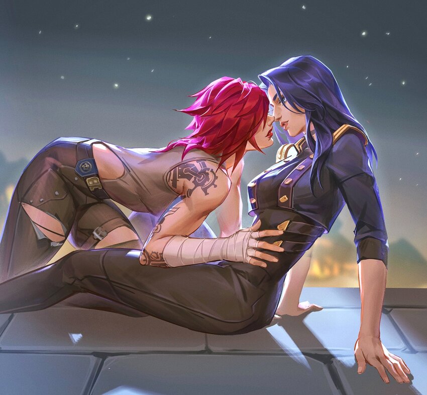 2girls arcane:_league_of_legends arcane_caitlyn arcane_vi arm_tattoo back_tattoo bandaged_arm bandages belt black_pants blue_hair breasts caitlyn_(league_of_legends) commentary_request girl_on_top hand_on_another's_waist high-waist_pants highres imminent_kiss jacket league_of_legends long_hair medium_breasts multiple_girls pants pink_hair short_hair sitting tank_top tattoo torn_clothes torn_pants vi_(league_of_legends) yeshuhang92 yuri