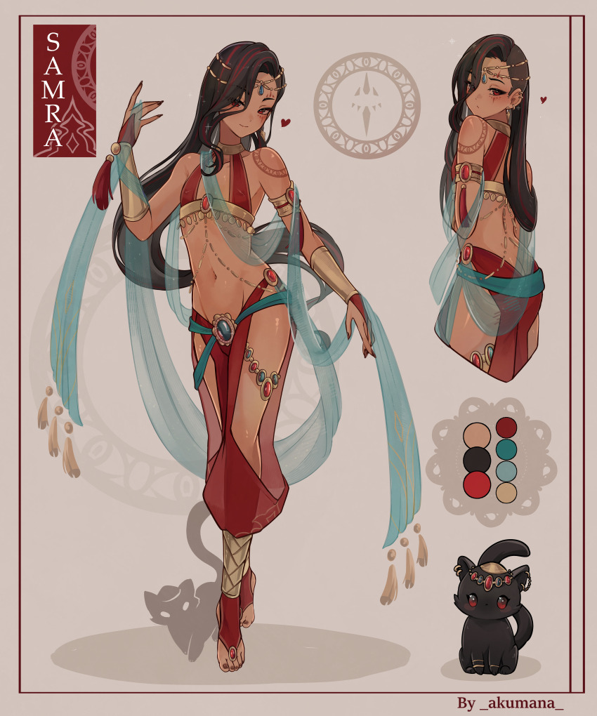 1boy absurdres akumana arabian_clothes armlet ass asymmetrical_hair bare_shoulders belly_chain belly_dancer belly_dancer_outfit blue_gemstone brown_hair butt_crack cat character_request closed_mouth coin color_guide commission crossdressing crossdressing_(mtf) dancer dark-skinned_male dark_skin earrings facial_mark forehead_jewel full_body gem gold_coin harem_outfit harem_pants head_chain heart highres jewelry light_smile long_hair looking_at_viewer looking_back multicolored_hair multiple_views nail_polish navel necklace original pants red_eyes red_gemstone red_hair red_nails red_pants seductive_smile see-through_clothes shawl shoulder_tattoo smile standing stomach streaked_hair tattoo thighs toenail_polish toenails trap very_long_hair